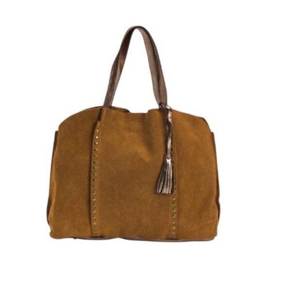 MARLON Beige Made In Italy Suede Studded Slouchy Tote - Picture 1 of 5